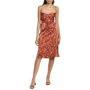 Danielle Bernstein Tie Back Roses And Daises Midi Silky Dress M Redwood Multi